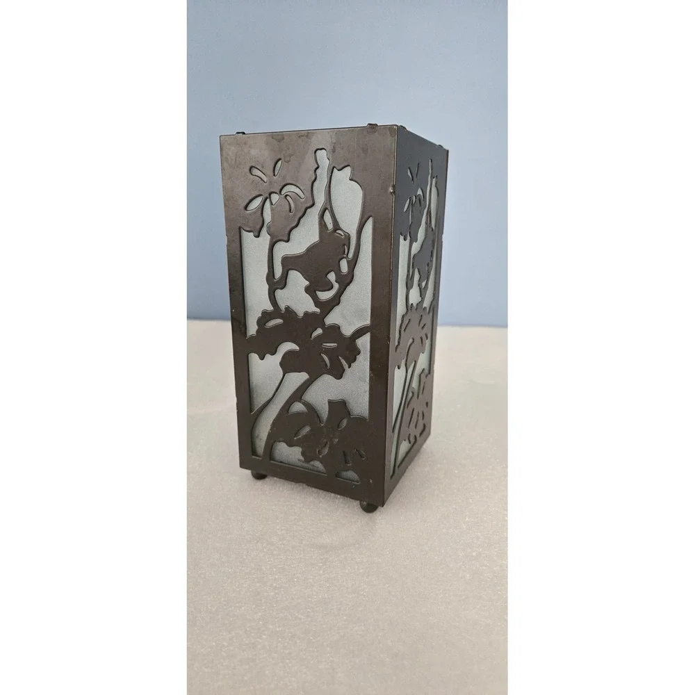 Vintage Black Metal Floral Cutout Frosted Glass Candle Holder Lantern 7.75